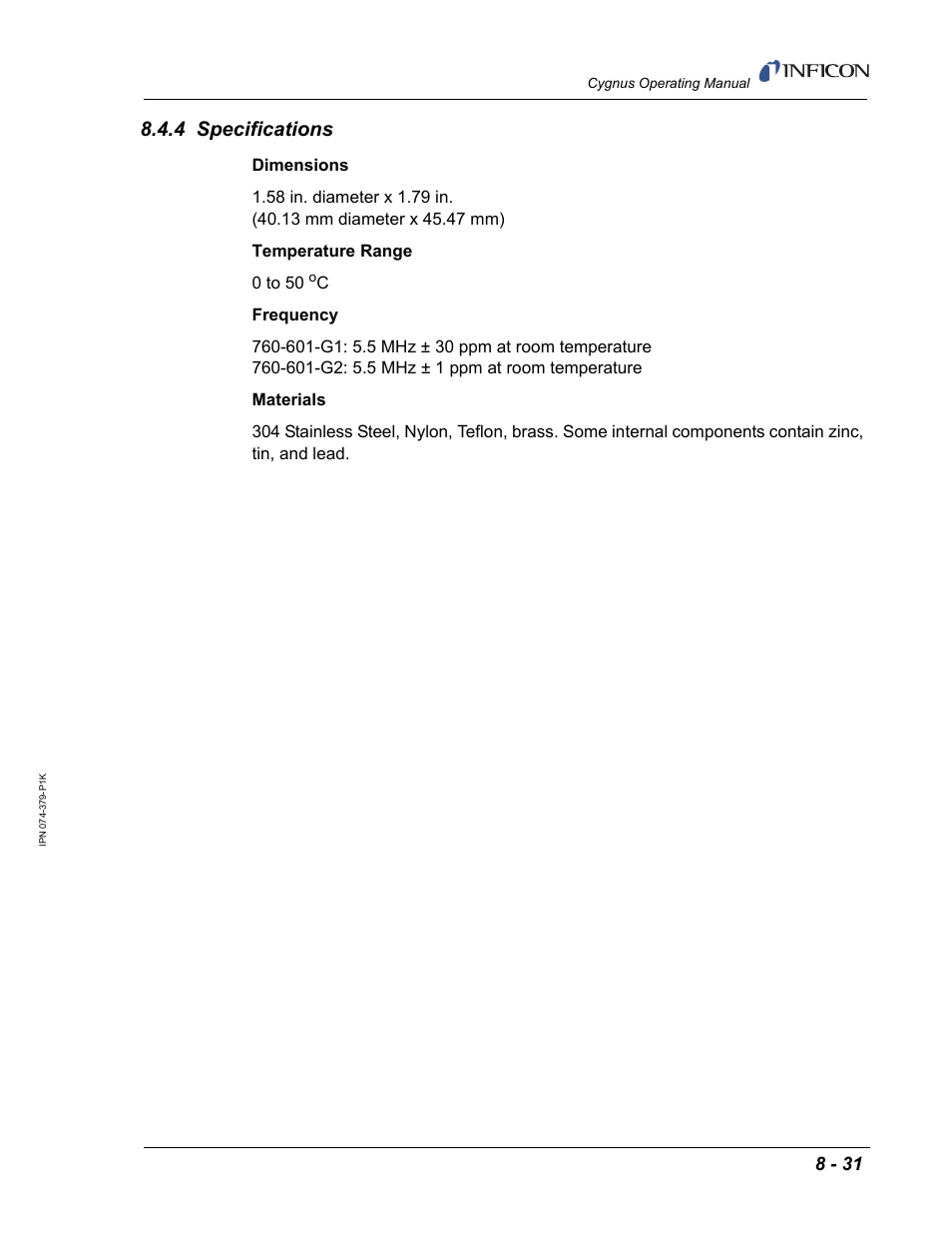 4 specifications | INFICON Cygnus Thin Film Deposition Controller User Manual | Page 197 / 228