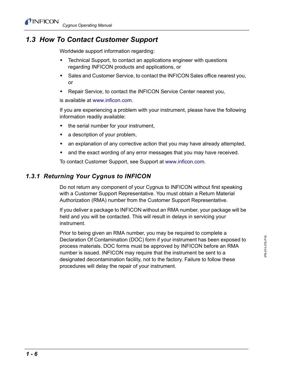 3 how to contact customer support, 1 returning your cygnus to inficon | INFICON Cygnus Thin Film Deposition Controller User Manual | Page 20 / 228