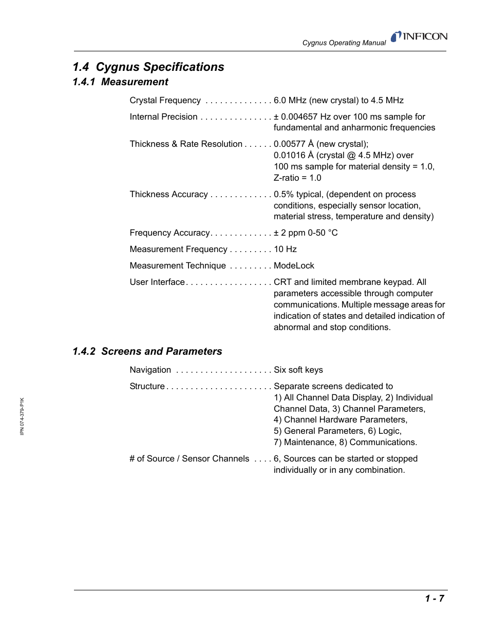 4 cygnus specifications, 1 measurement, 2 screens and parameters | INFICON Cygnus Thin Film Deposition Controller User Manual | Page 21 / 228