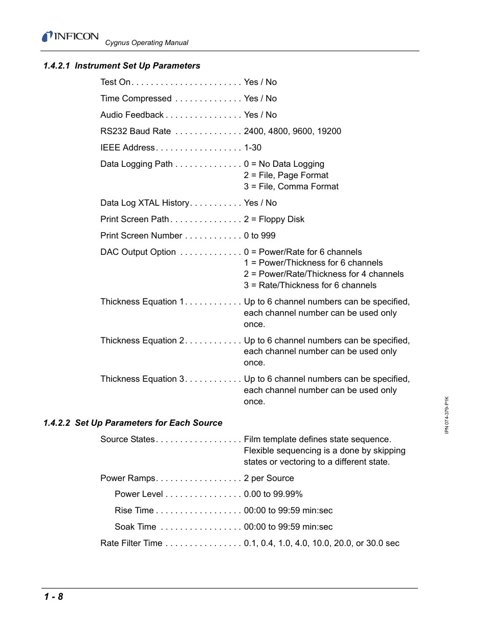 1 instrument set up parameters, 2 set up parameters for each source | INFICON Cygnus Thin Film Deposition Controller User Manual | Page 22 / 228