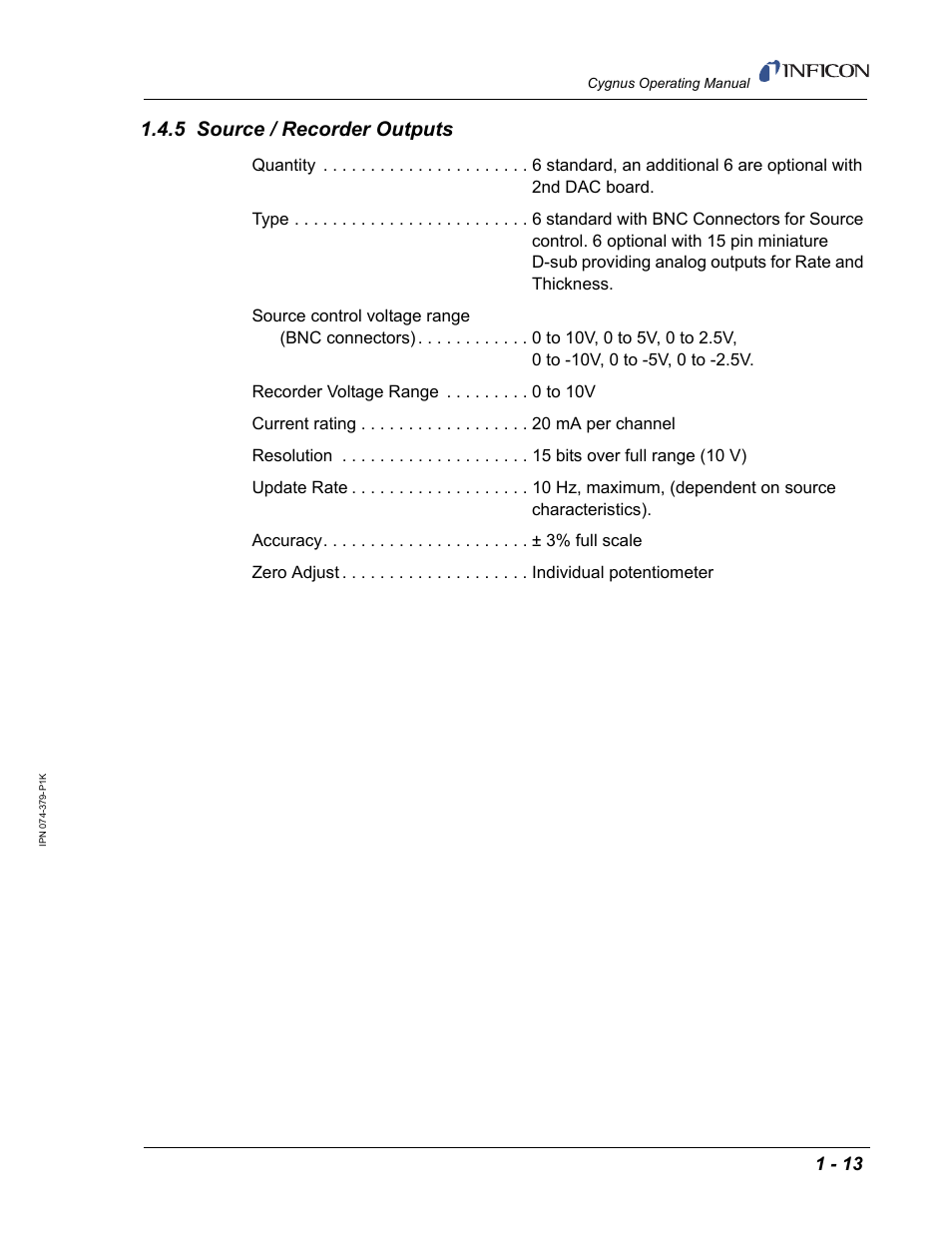 5 source / recorder outputs | INFICON Cygnus Thin Film Deposition Controller User Manual | Page 27 / 228