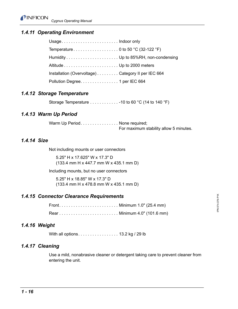 11 operating environment, 12 storage temperature, 13 warm up period | 14 size, 15 connector clearance requirements, 16 weight, 17 cleaning | INFICON Cygnus Thin Film Deposition Controller User Manual | Page 30 / 228