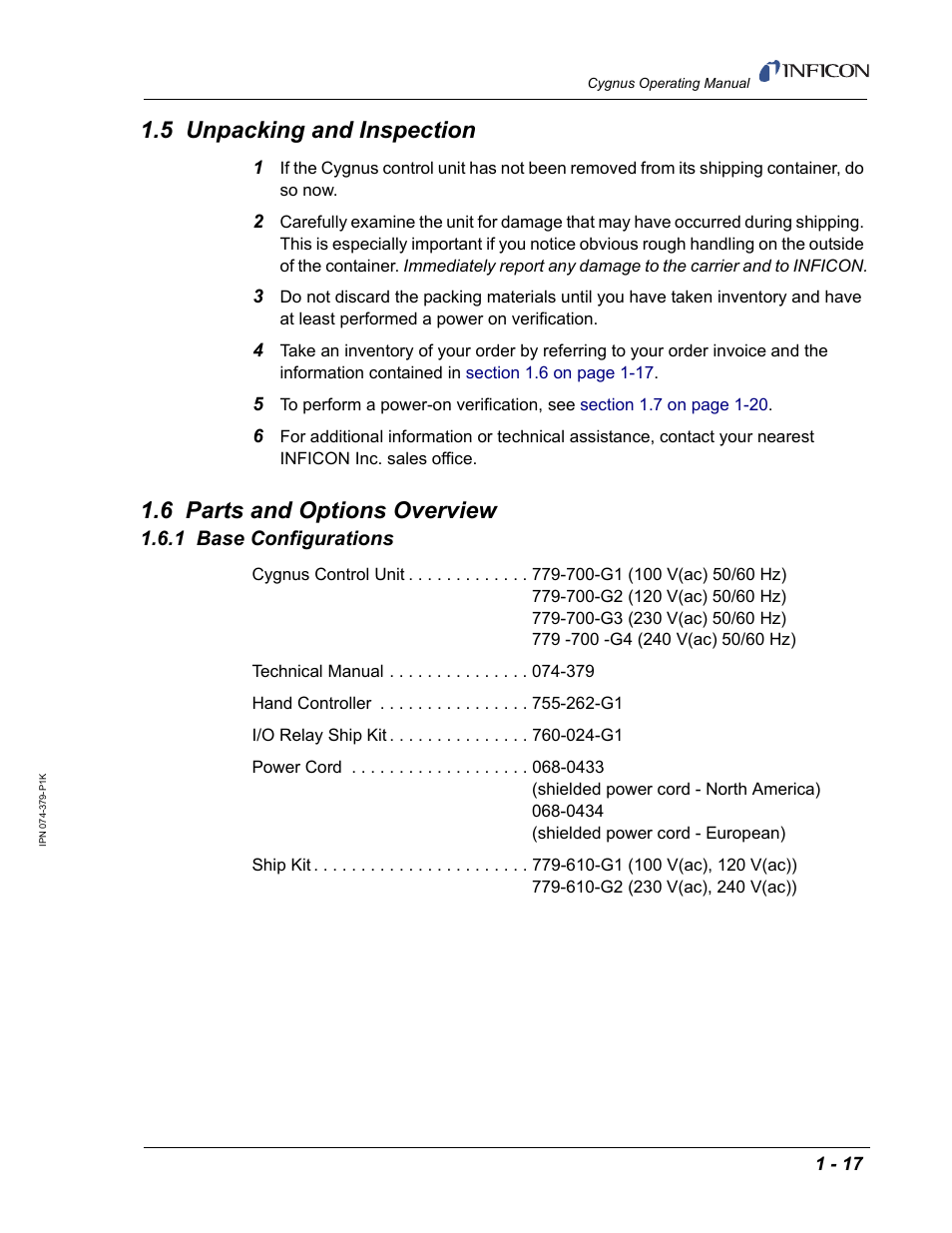 5 unpacking and inspection, 6 parts and options overview, 1 base configurations | INFICON Cygnus Thin Film Deposition Controller User Manual | Page 31 / 228