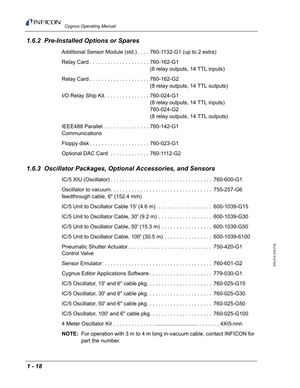 2 preinstalled options or spares, 2 pre-installed options or spares | INFICON Cygnus Thin Film Deposition Controller User Manual | Page 32 / 228