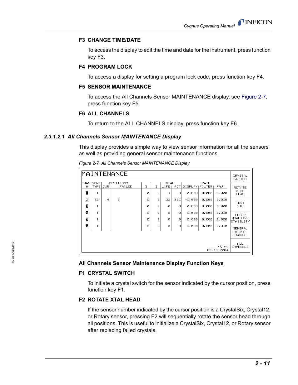 1 all channels sensor maintenance display | INFICON Cygnus Thin Film Deposition Controller User Manual | Page 47 / 228
