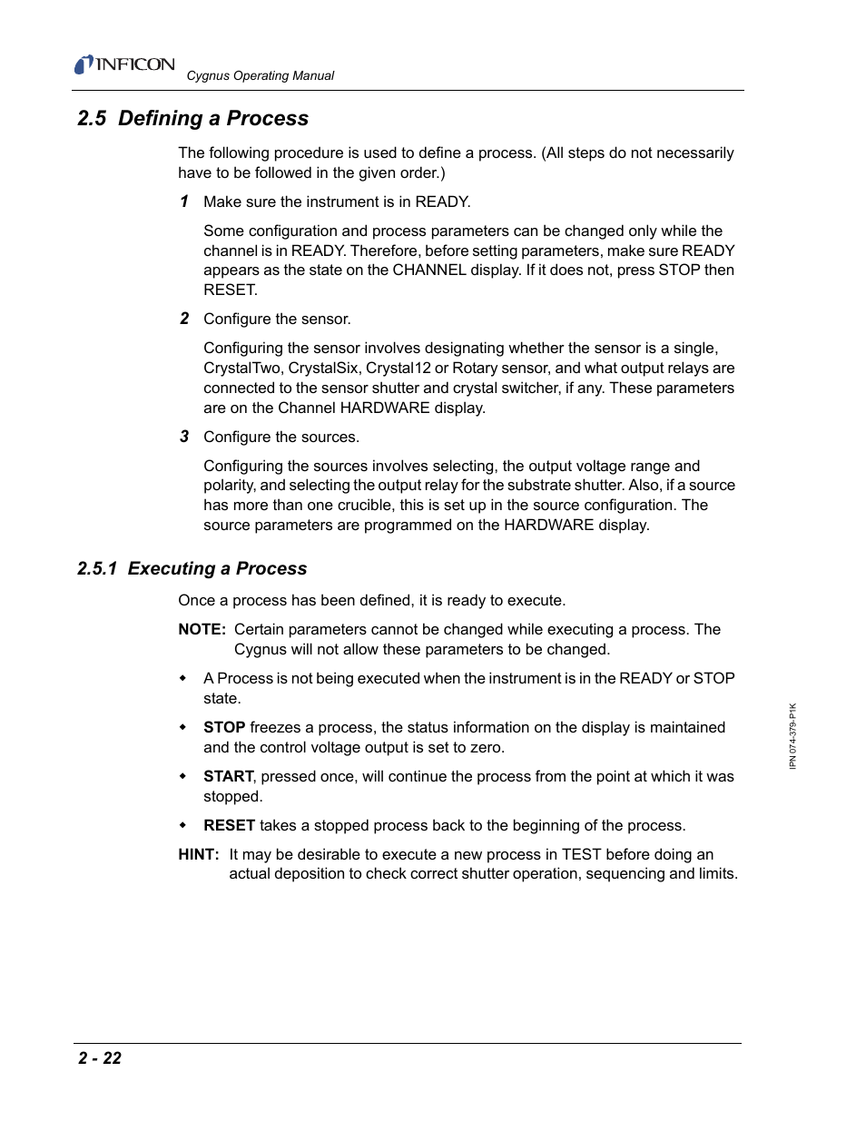 5 defining a process, 1 executing a process | INFICON Cygnus Thin Film Deposition Controller User Manual | Page 58 / 228