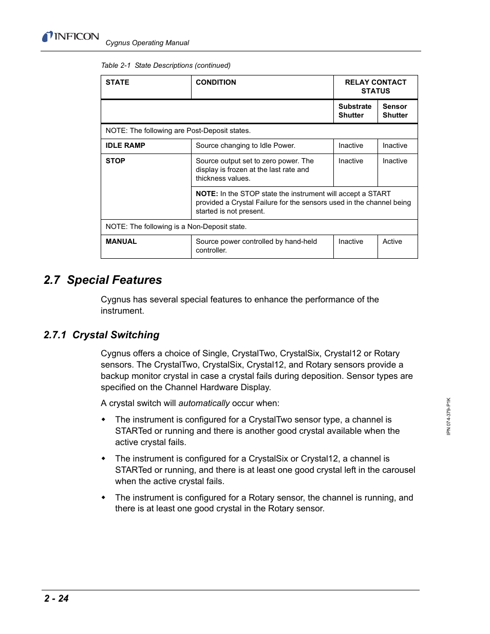 7 special features, 1 crystal switching | INFICON Cygnus Thin Film Deposition Controller User Manual | Page 60 / 228