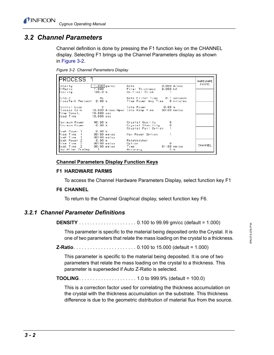 2 channel parameters, 1 channel parameter definitions, Section | INFICON Cygnus Thin Film Deposition Controller User Manual | Page 70 / 228