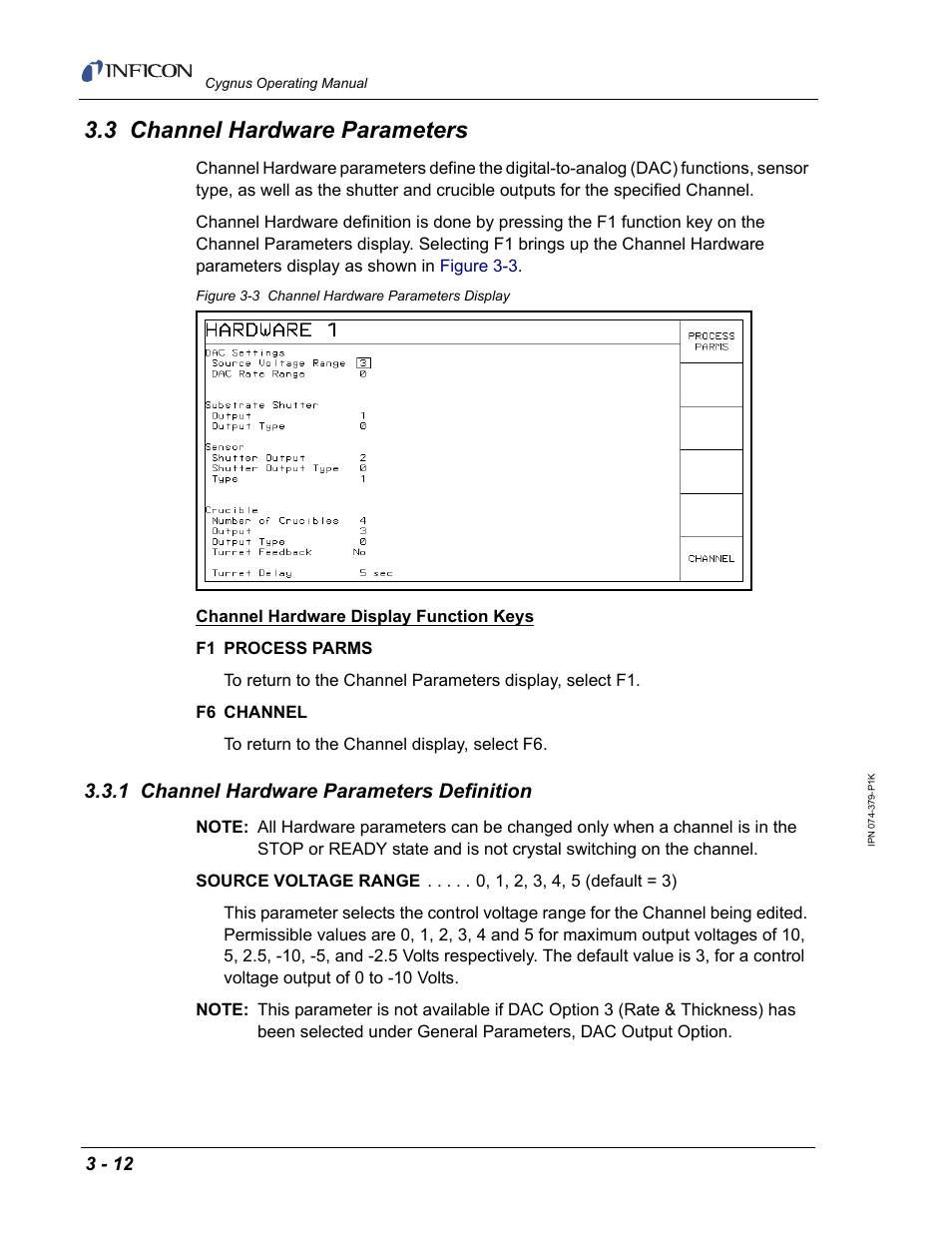 3 channel hardware parameters, 1 channel hardware parameters definition | INFICON Cygnus Thin Film Deposition Controller User Manual | Page 80 / 228