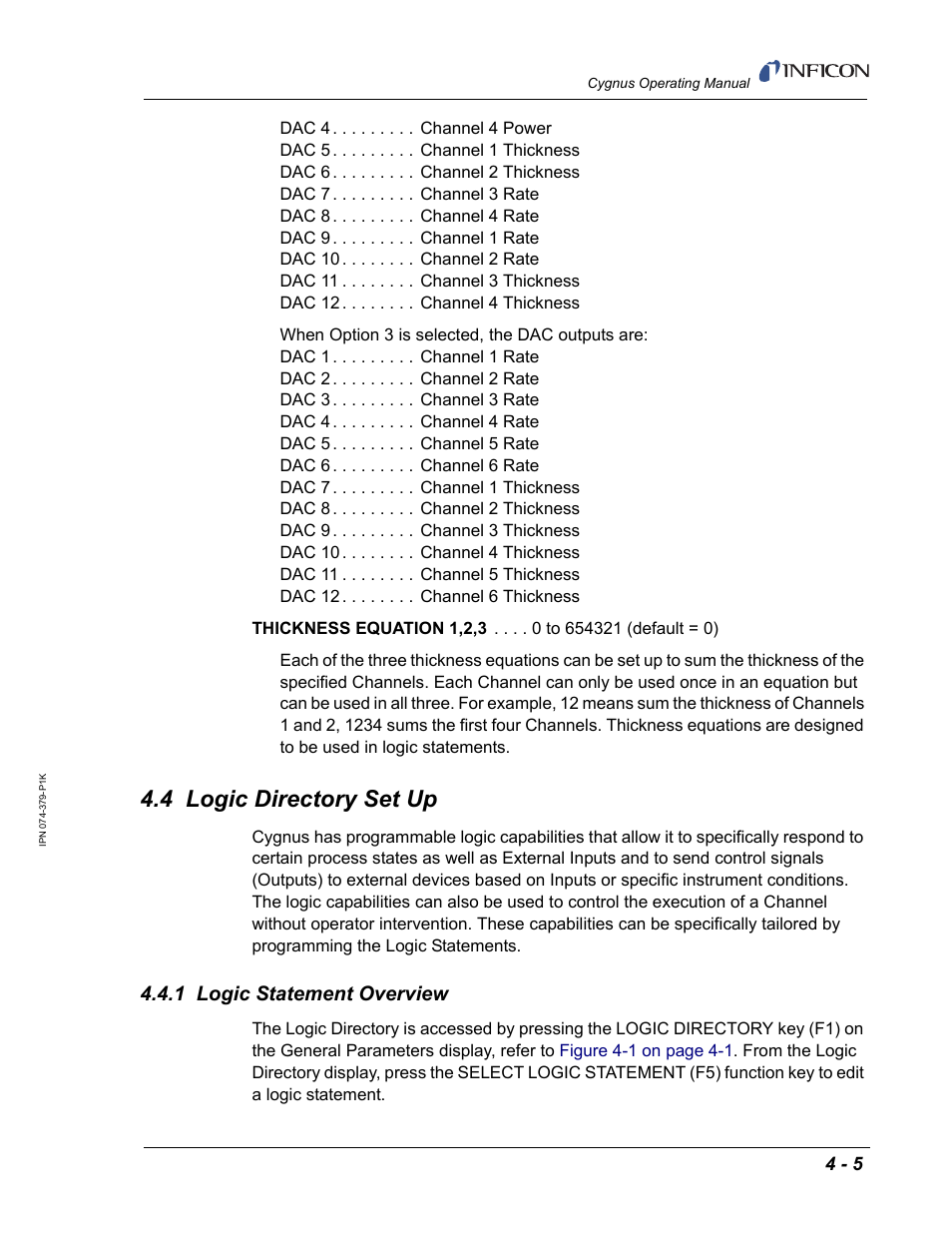 4 logic directory set up, 1 logic statement overview | INFICON Cygnus Thin Film Deposition Controller User Manual | Page 89 / 228