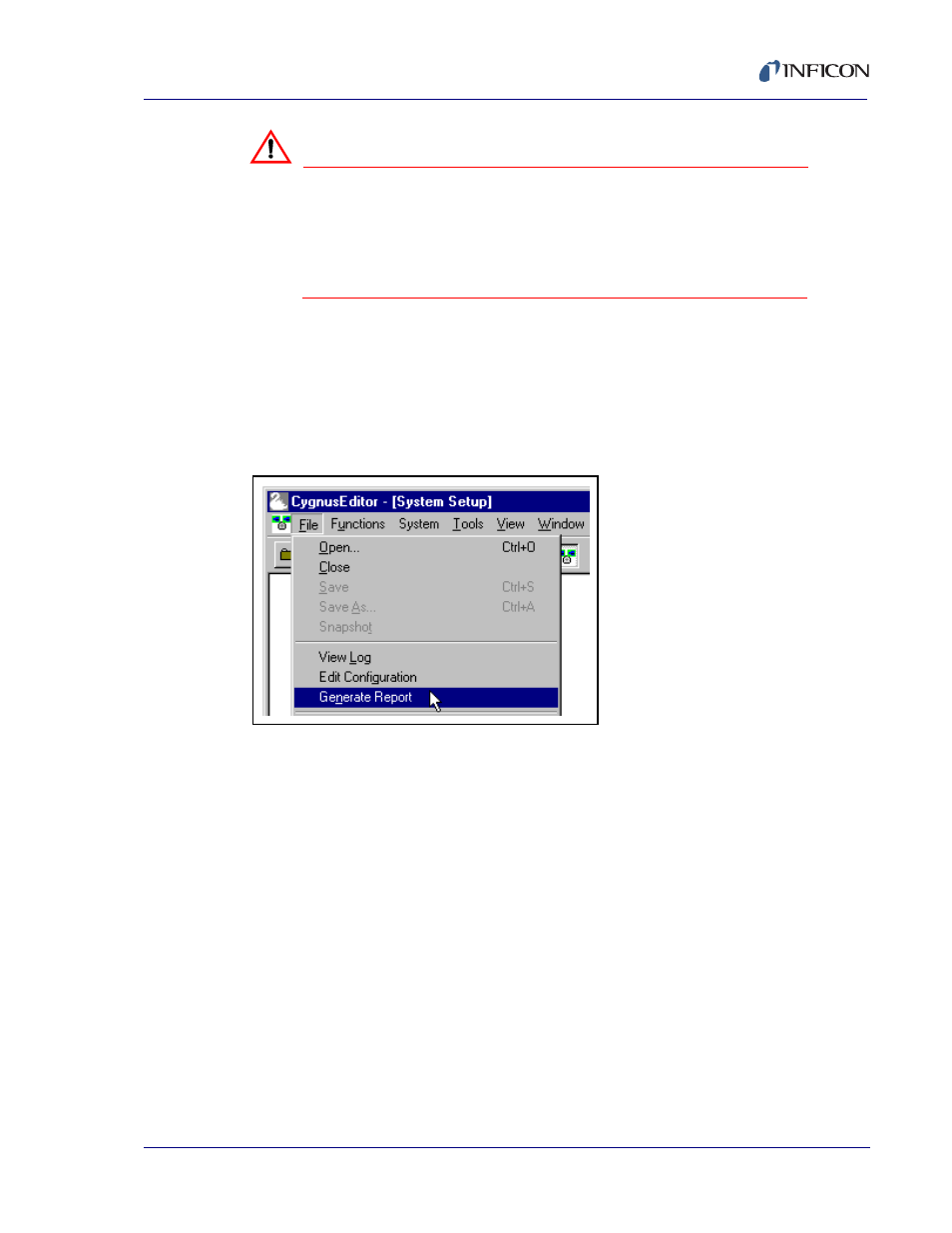 5 generating reports, Warning | INFICON Cygnus Editor Software Manual User Manual | Page 73 / 82