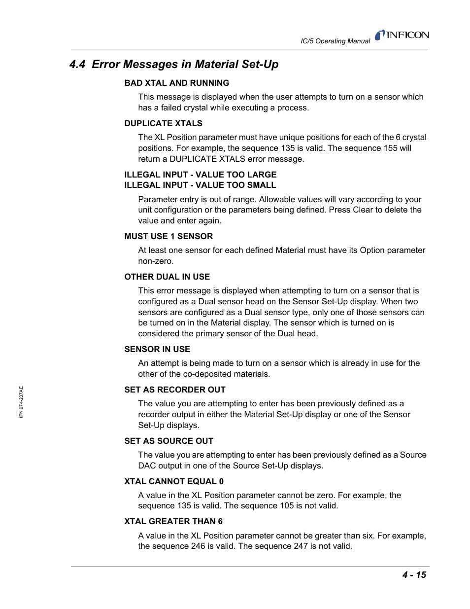 4 error messages in material set-up | INFICON IC/5 Thin Film Deposition Controller User Manual | Page 109 / 312