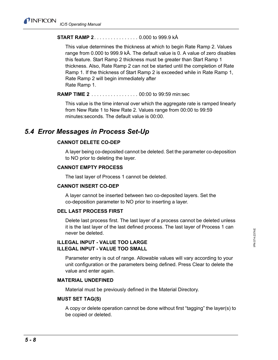 4 error messages in process set-up | INFICON IC/5 Thin Film Deposition Controller User Manual | Page 118 / 312