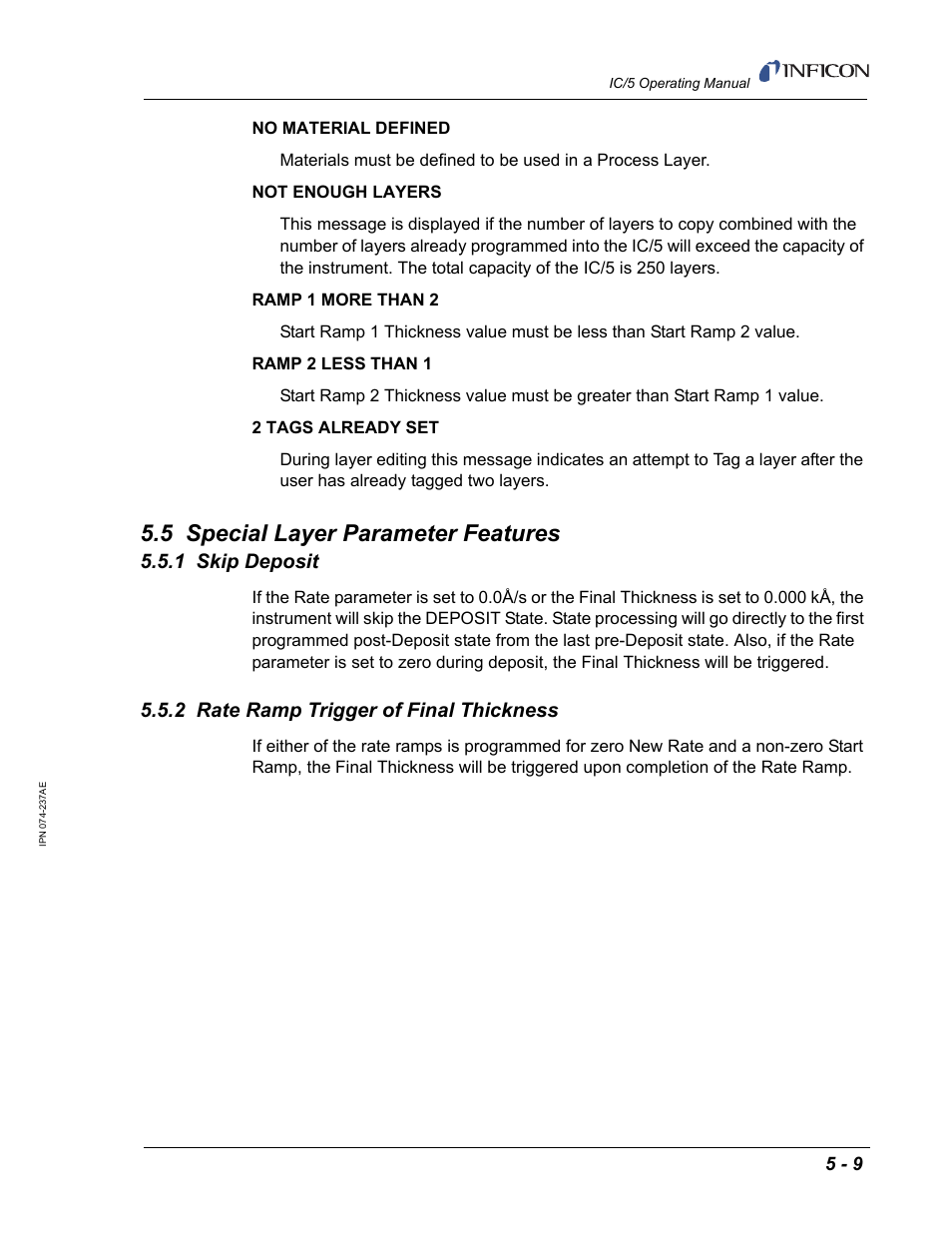 5 special layer parameter features, 1 skip deposit, 2 rate ramp trigger of final thickness | Ate (see | INFICON IC/5 Thin Film Deposition Controller User Manual | Page 119 / 312