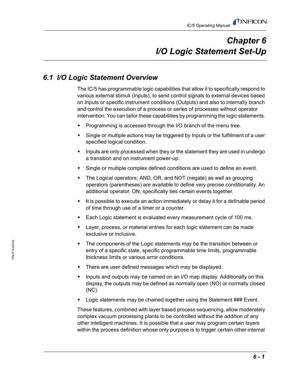 Chapter 6 i/o logic statement set-up, 1 i/o logic statement overview, Chapter 6 | INFICON IC/5 Thin Film Deposition Controller User Manual | Page 121 / 312