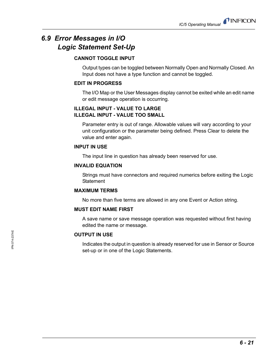 9 error messages in i/o logic statement set-up | INFICON IC/5 Thin Film Deposition Controller User Manual | Page 141 / 312