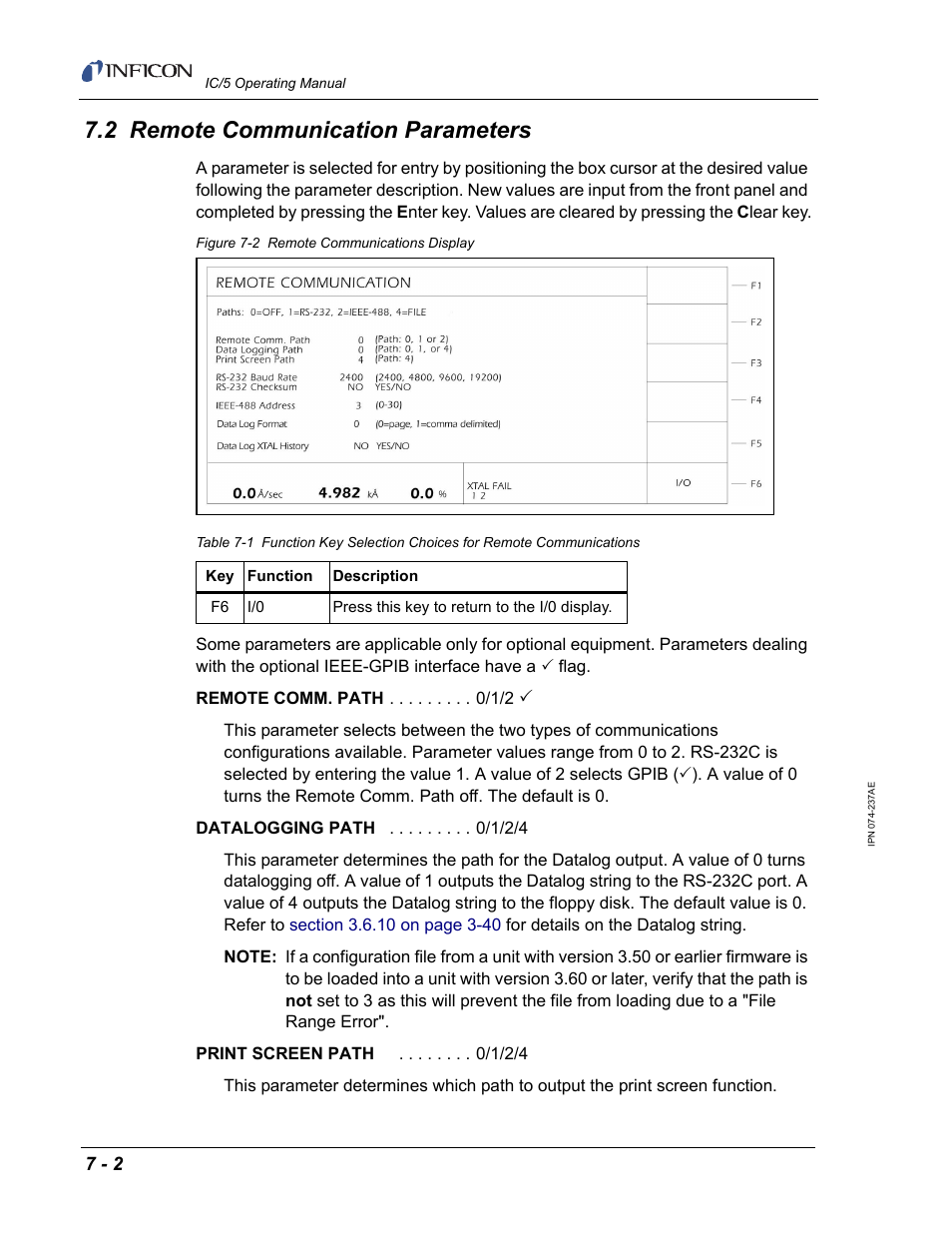 2 remote communication parameters, Figure 7-2, Upon ent | INFICON IC/5 Thin Film Deposition Controller User Manual | Page 144 / 312