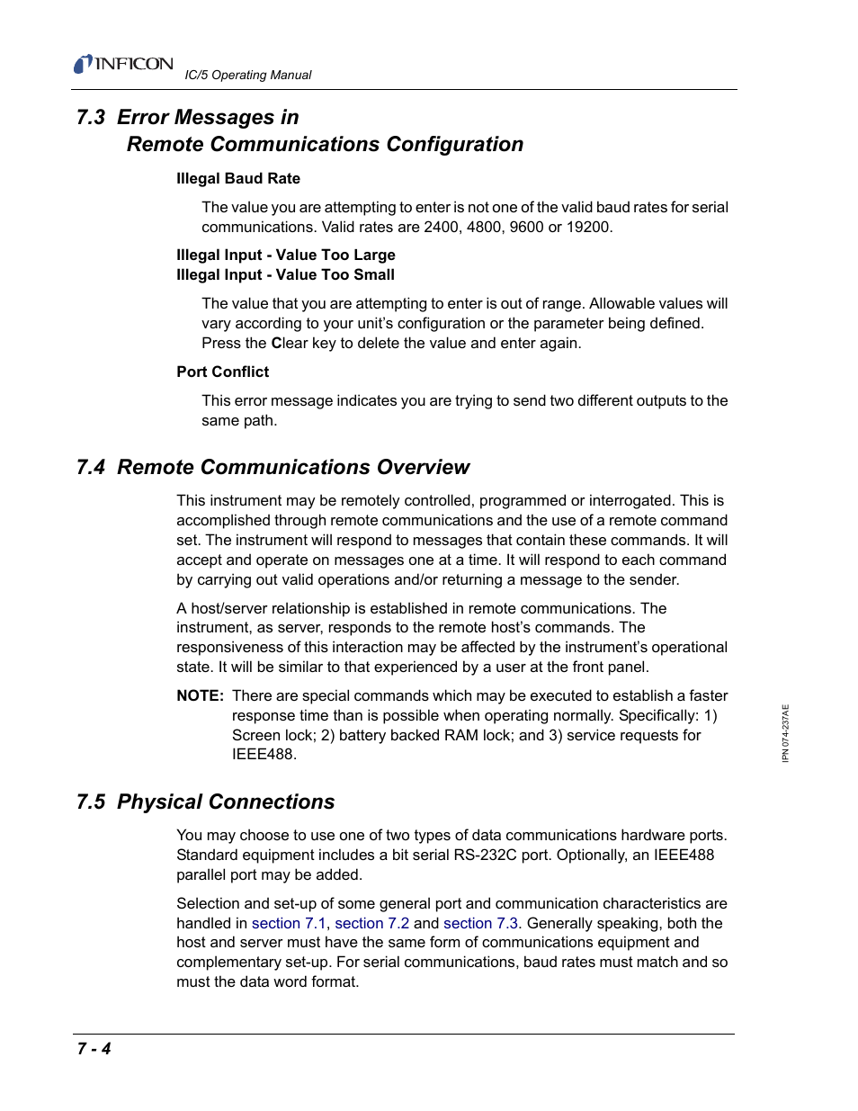 4 remote communications overview, 5 physical connections, Section 7.4 on | INFICON IC/5 Thin Film Deposition Controller User Manual | Page 146 / 312