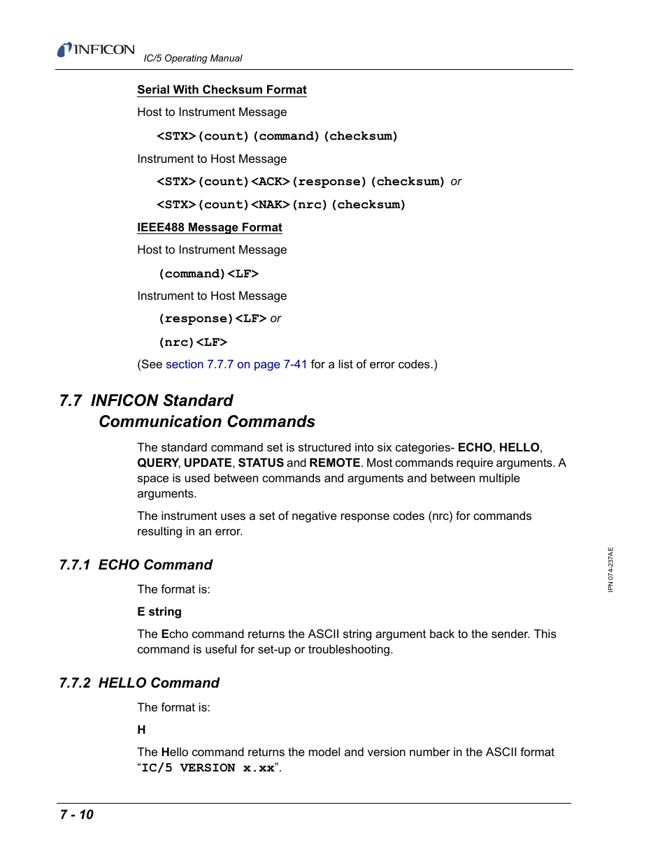 7 inficon standard communication commands, 1 echo command, 2 hello command | INFICON IC/5 Thin Film Deposition Controller User Manual | Page 152 / 312