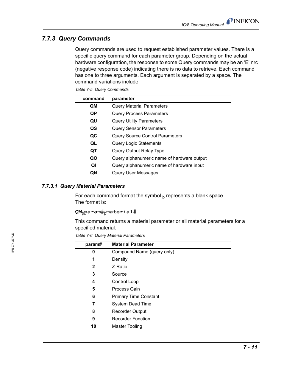 3 query commands, 1 query material parameters | INFICON IC/5 Thin Film Deposition Controller User Manual | Page 153 / 312