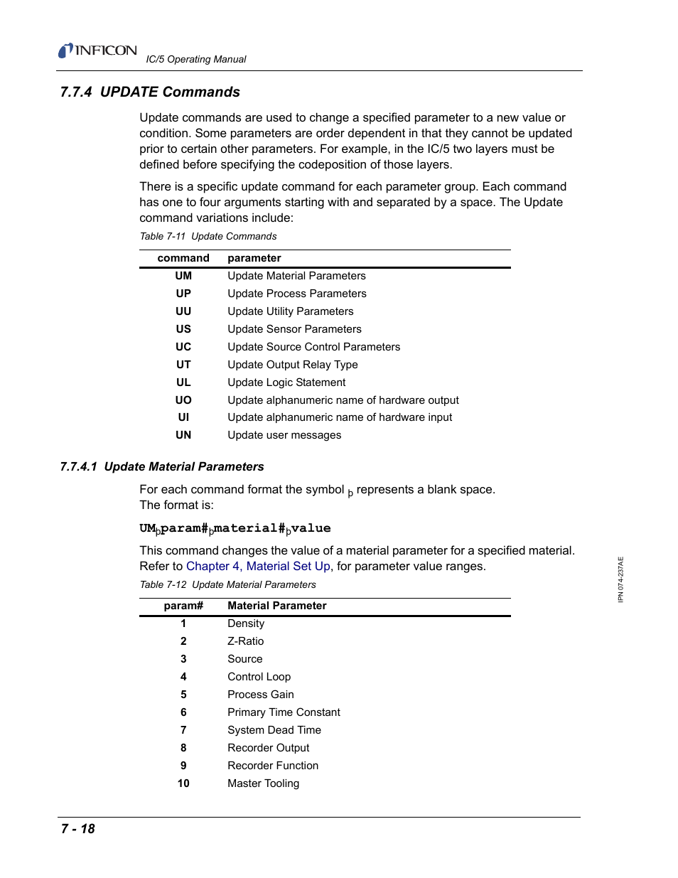 4 update commands, 1 update material parameters | INFICON IC/5 Thin Film Deposition Controller User Manual | Page 160 / 312