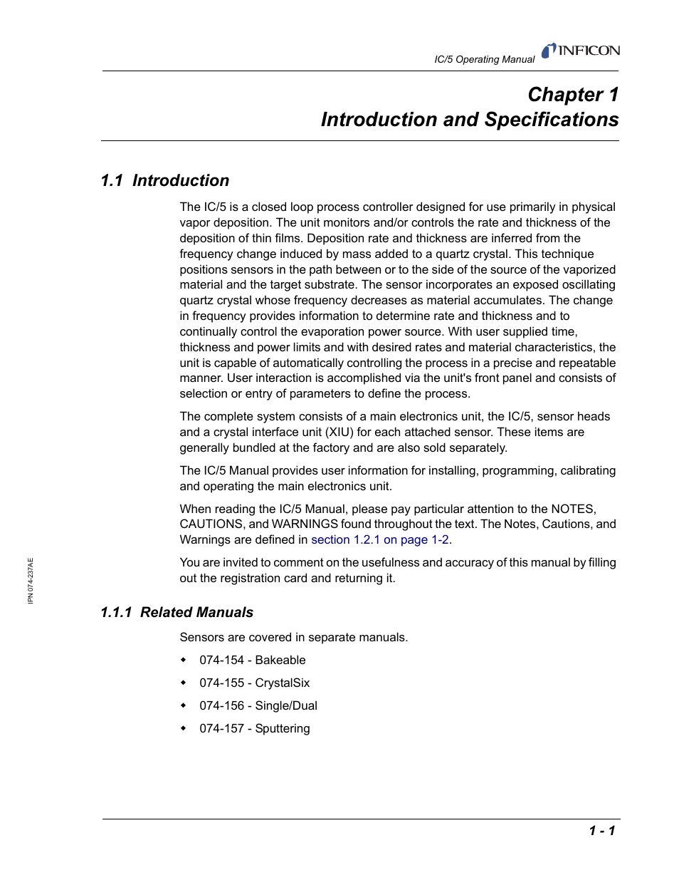 Chapter 1 introduction and specifications, 1 introduction, 1 related manuals | Chapter 1 | INFICON IC/5 Thin Film Deposition Controller User Manual | Page 17 / 312