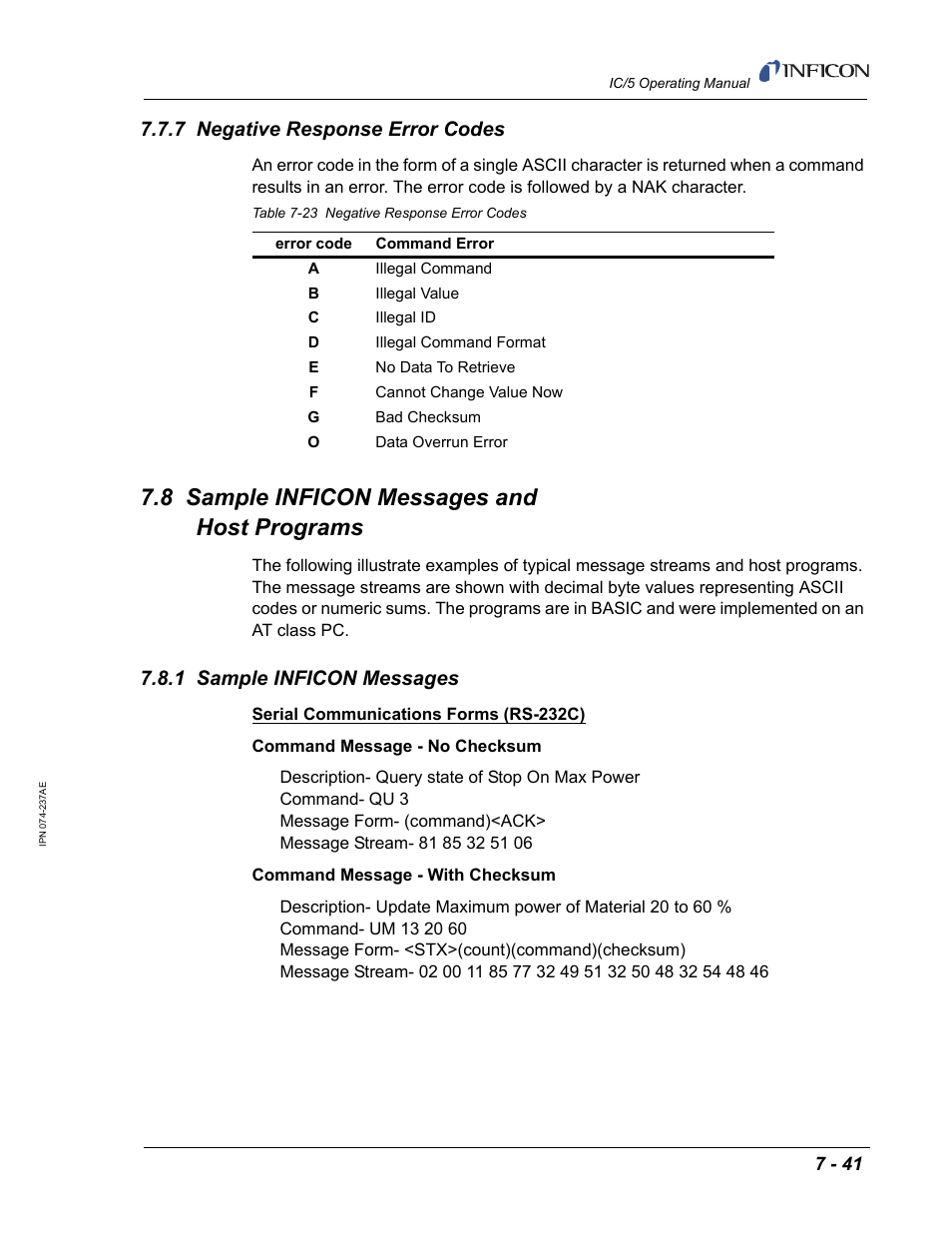 7 negative response error codes, 8 sample inficon messages and host programs, 1 sample inficon messages | INFICON IC/5 Thin Film Deposition Controller User Manual | Page 183 / 312