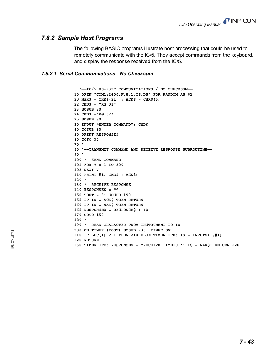 2 sample host programs, 1 serial communications - no checksum | INFICON IC/5 Thin Film Deposition Controller User Manual | Page 185 / 312