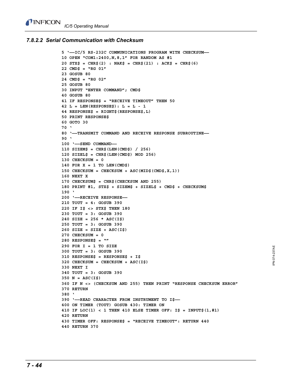 2 serial communication with checksum | INFICON IC/5 Thin Film Deposition Controller User Manual | Page 186 / 312