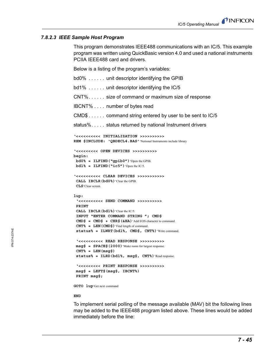 3 ieee sample host program | INFICON IC/5 Thin Film Deposition Controller User Manual | Page 187 / 312