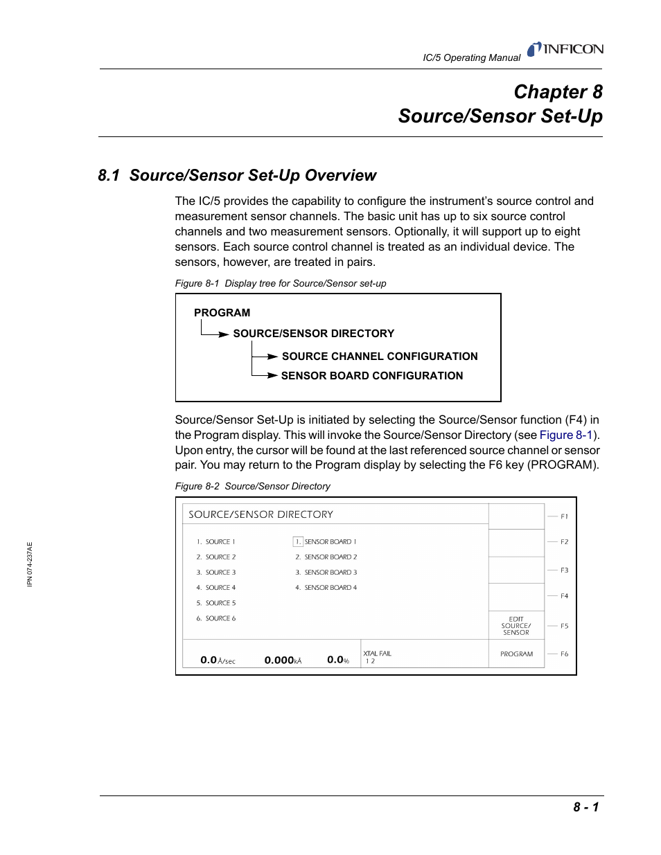 Chapter 8 source/sensor set-up, 1 source/sensor set-up overview, Chapter 8 | Source/sensor set-up | INFICON IC/5 Thin Film Deposition Controller User Manual | Page 189 / 312