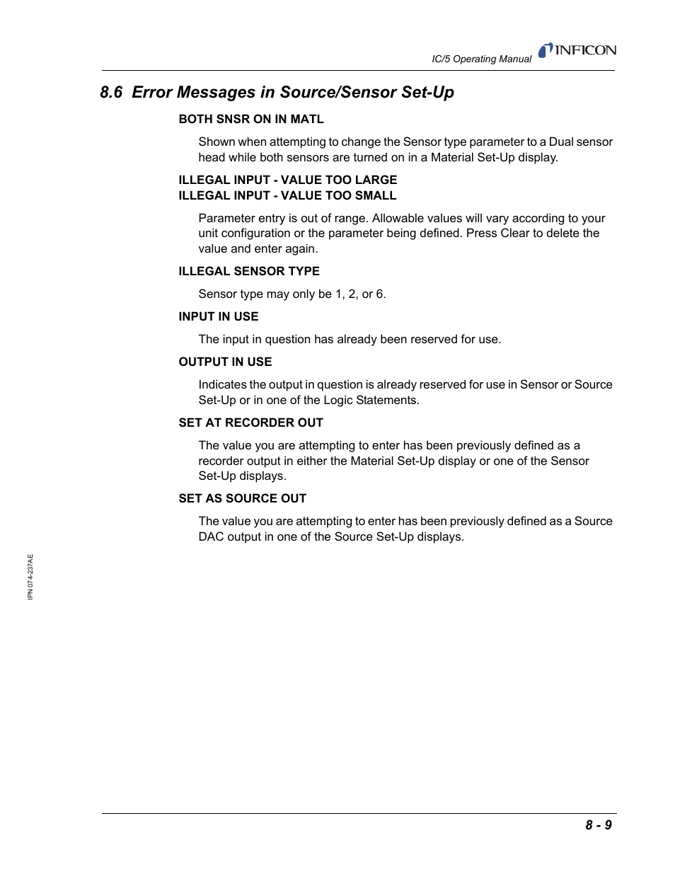 6 error messages in source/sensor set-up | INFICON IC/5 Thin Film Deposition Controller User Manual | Page 197 / 312