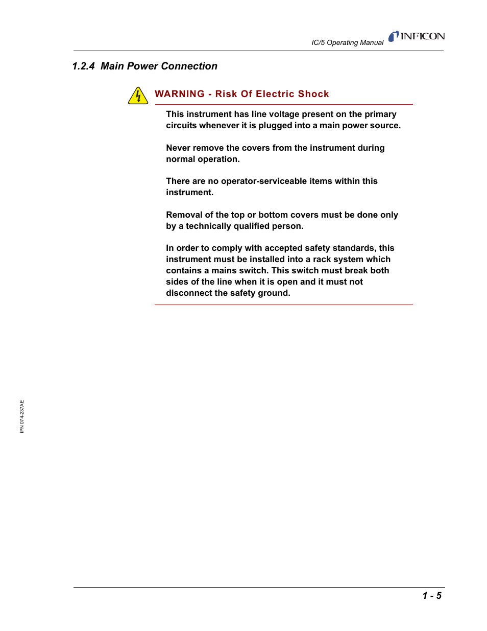 4 main power connection, Warning - risk of electric shock | INFICON IC/5 Thin Film Deposition Controller User Manual | Page 21 / 312