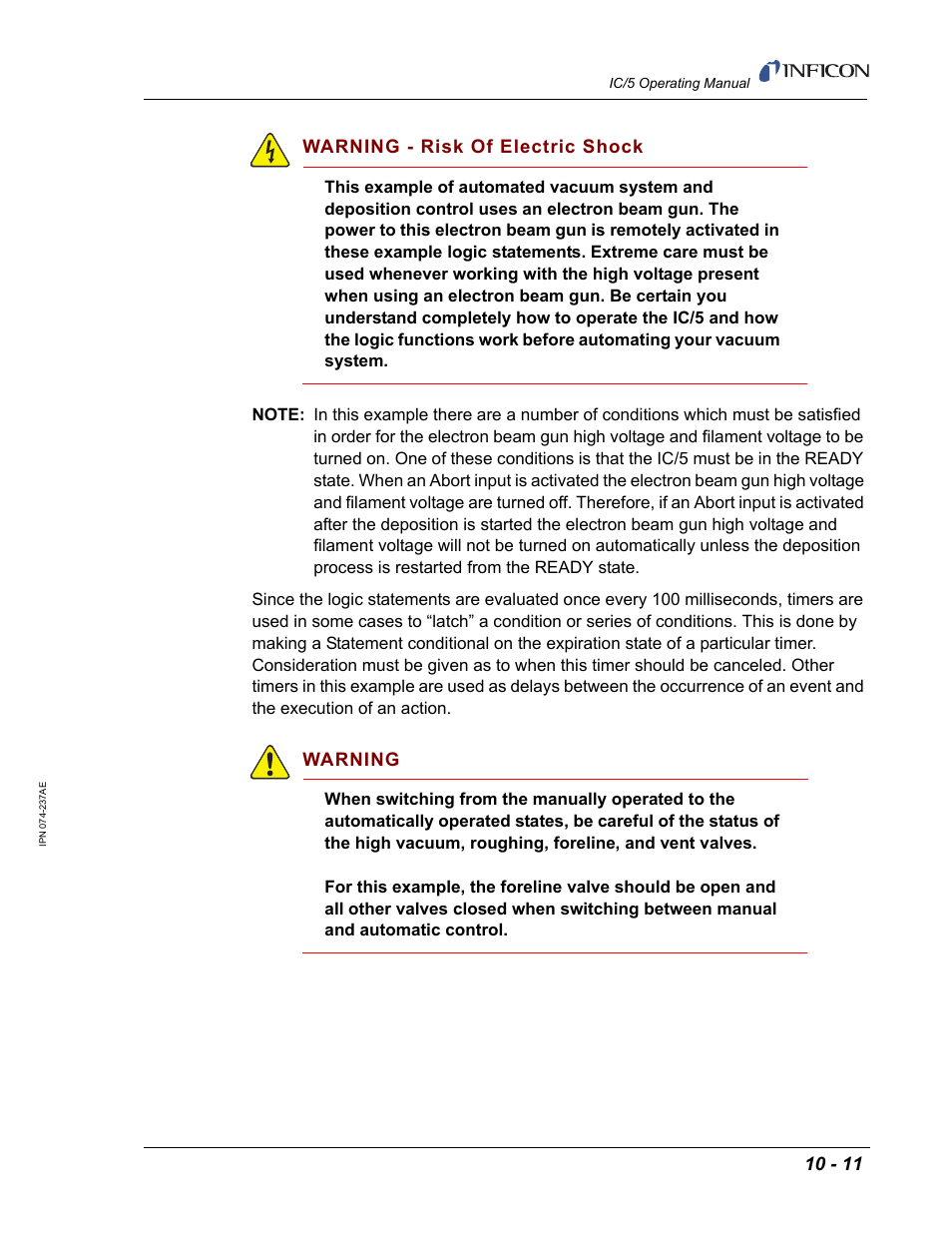 Warning - risk of electric shock, Warning | INFICON IC/5 Thin Film Deposition Controller User Manual | Page 217 / 312