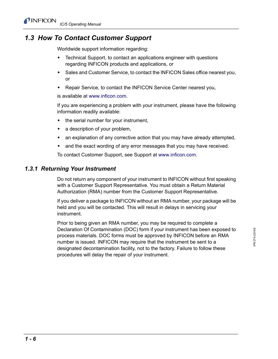 3 how to contact customer support, 1 returning your instrument | INFICON IC/5 Thin Film Deposition Controller User Manual | Page 22 / 312