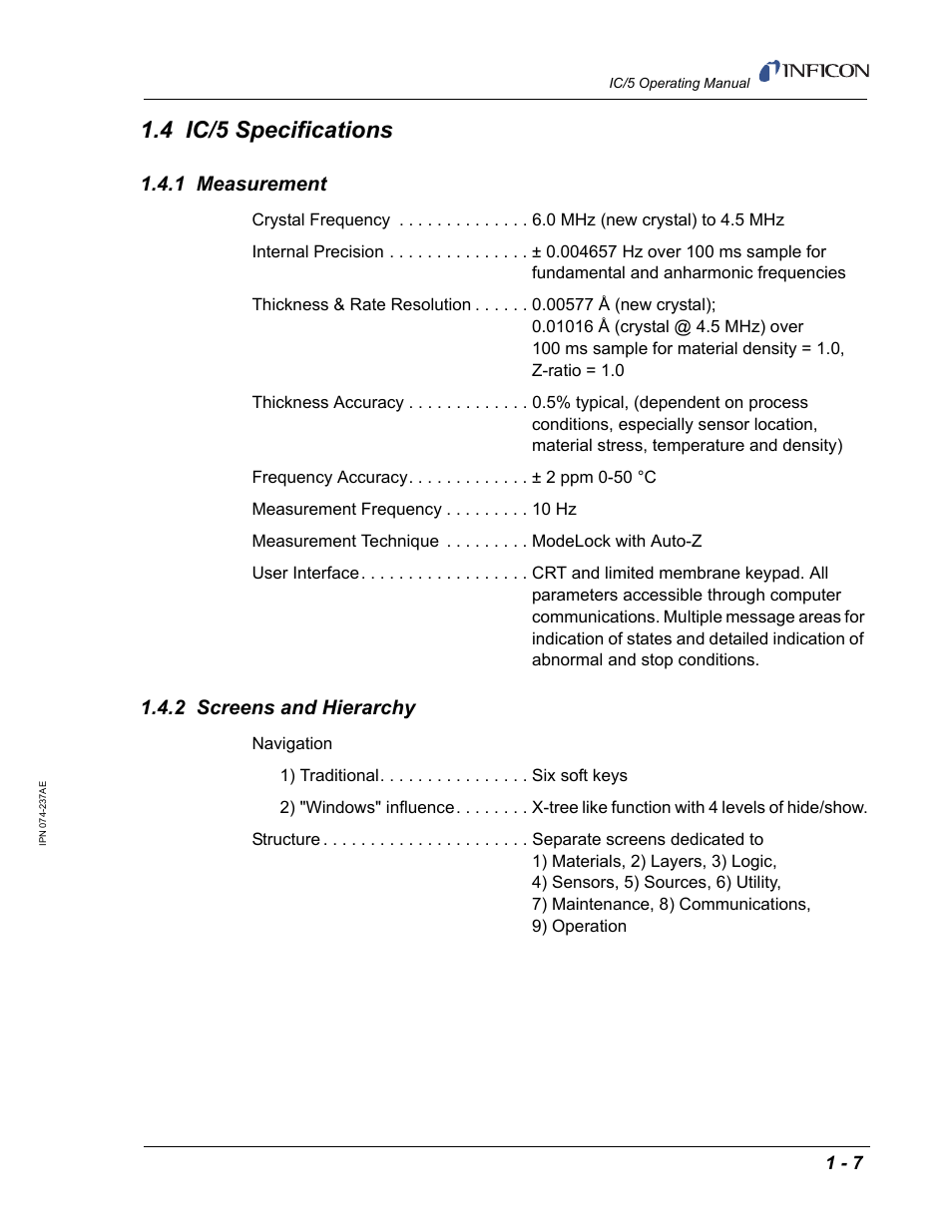 4 ic/5 specifications, 1 measurement, 2 screens and hierarchy | INFICON IC/5 Thin Film Deposition Controller User Manual | Page 23 / 312