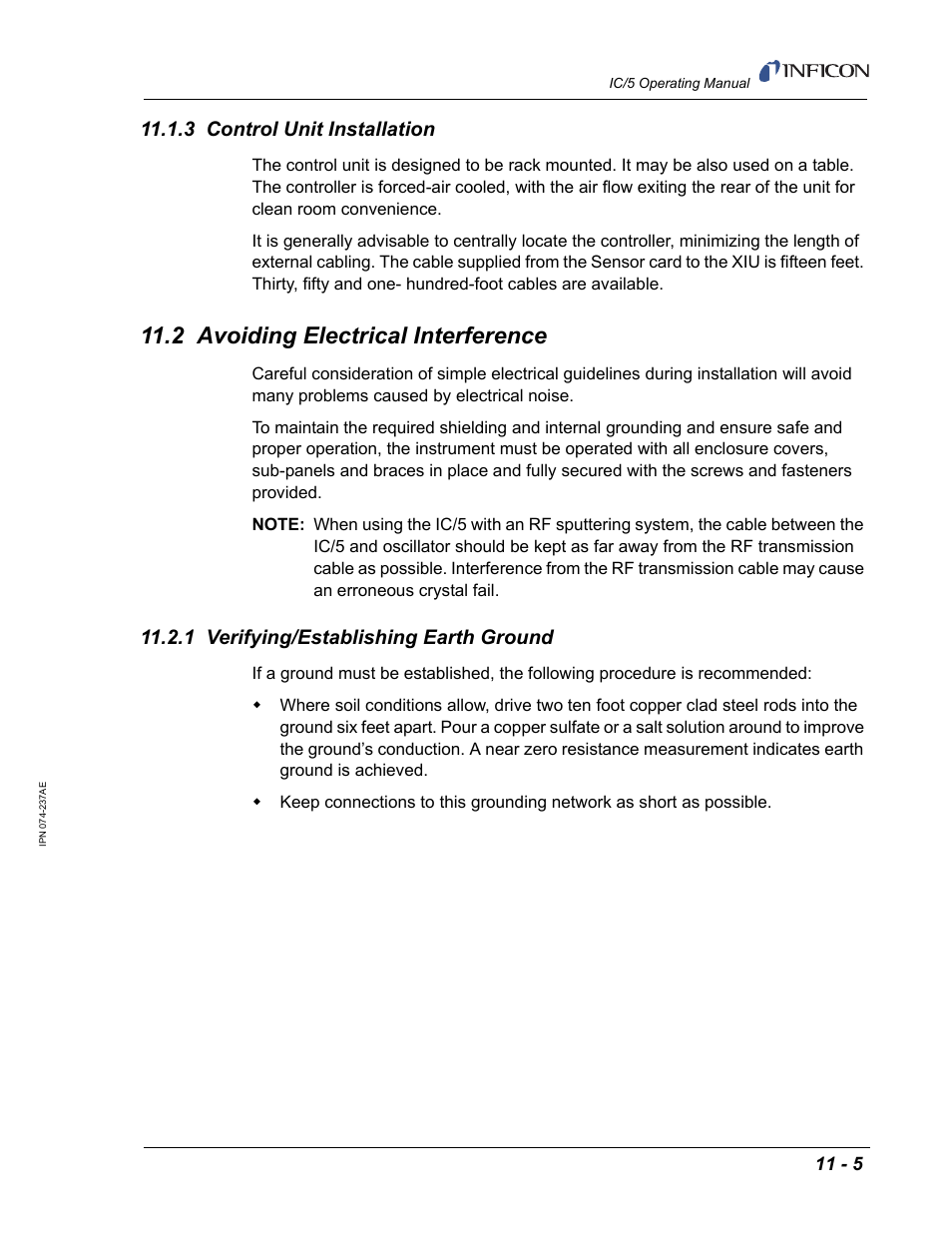 3 control unit installation, 2 avoiding electrical interference, 1 verifying/establishing earth ground | INFICON IC/5 Thin Film Deposition Controller User Manual | Page 237 / 312