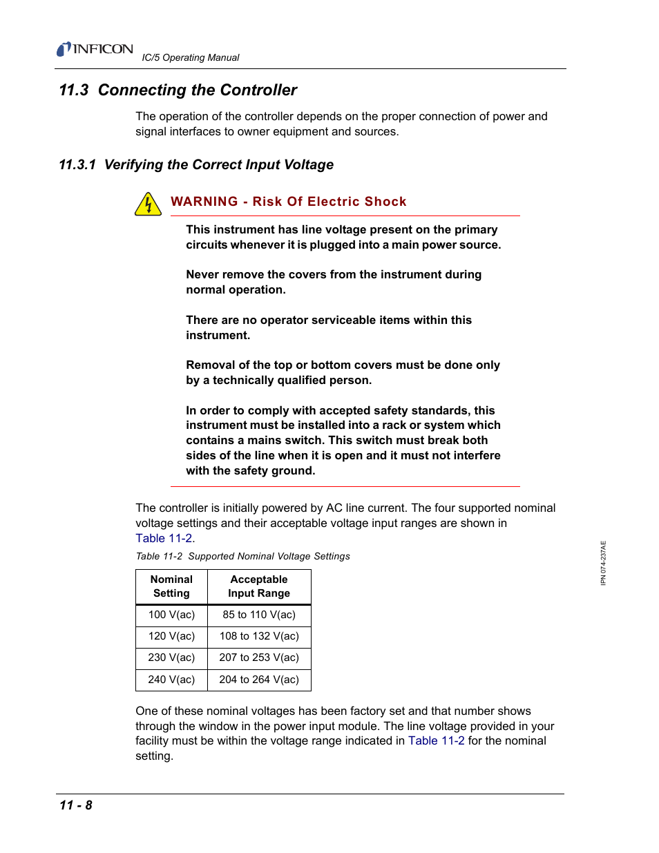 3 connecting the controller, 1 verifying the correct input voltage | INFICON IC/5 Thin Film Deposition Controller User Manual | Page 240 / 312