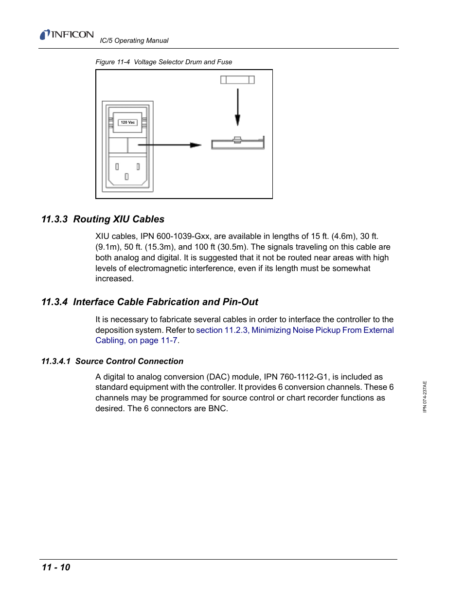 3 routing xiu cables, 4 interface cable fabrication and pin-out, 1 source control connection | INFICON IC/5 Thin Film Deposition Controller User Manual | Page 242 / 312