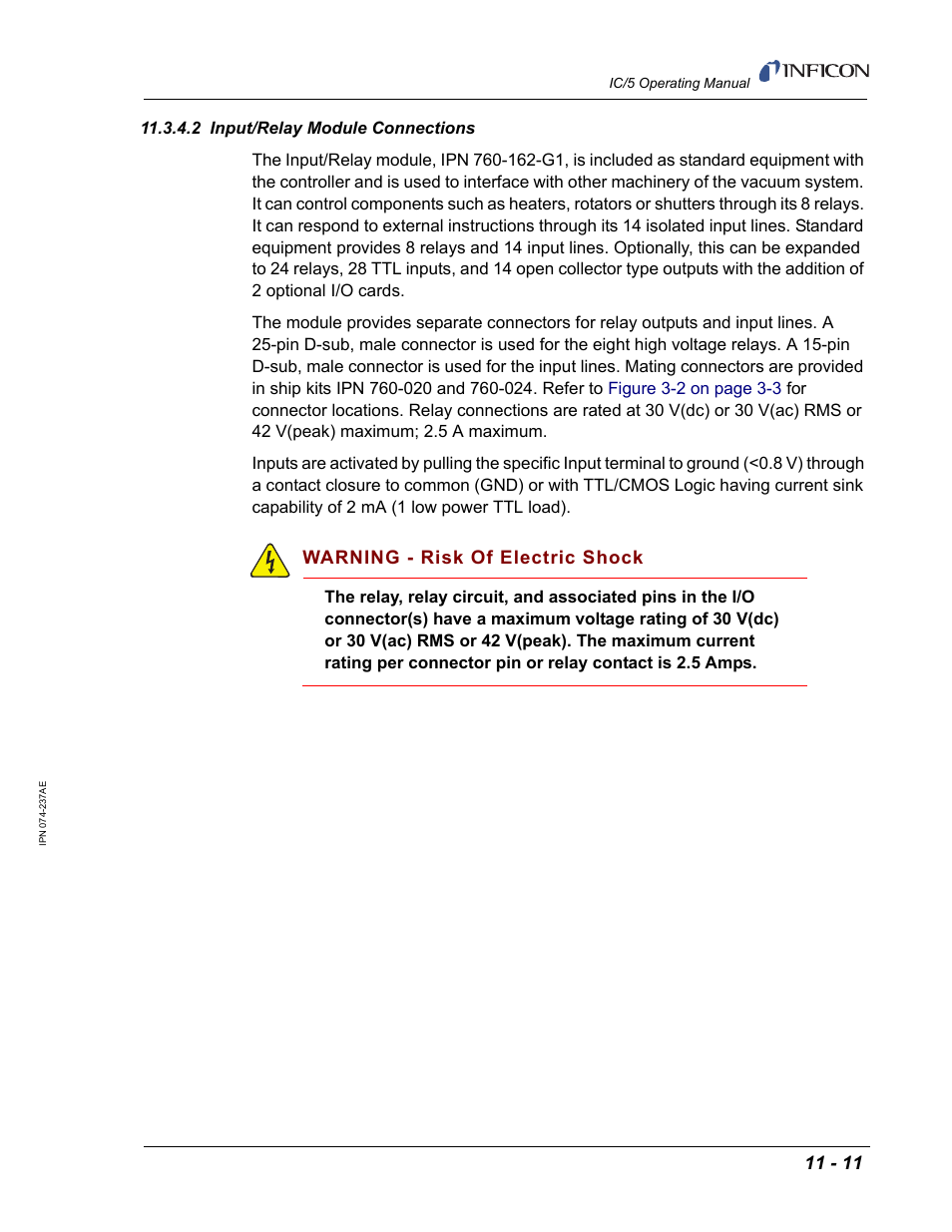 2 input/relay module connections, Warning - risk of electric shock | INFICON IC/5 Thin Film Deposition Controller User Manual | Page 243 / 312