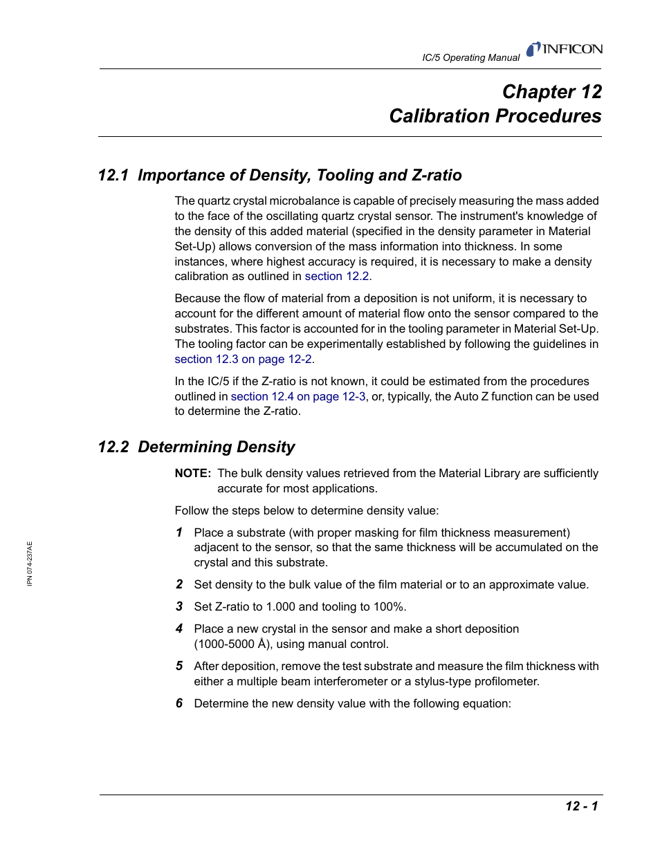 Chapter 12 calibration procedures, 1 importance of density, tooling and zratio, 2 determining density | Chapter 12, D to, Chapter 12, calibration procedures, 1 importance of density, tooling and z-ratio | INFICON IC/5 Thin Film Deposition Controller User Manual | Page 247 / 312