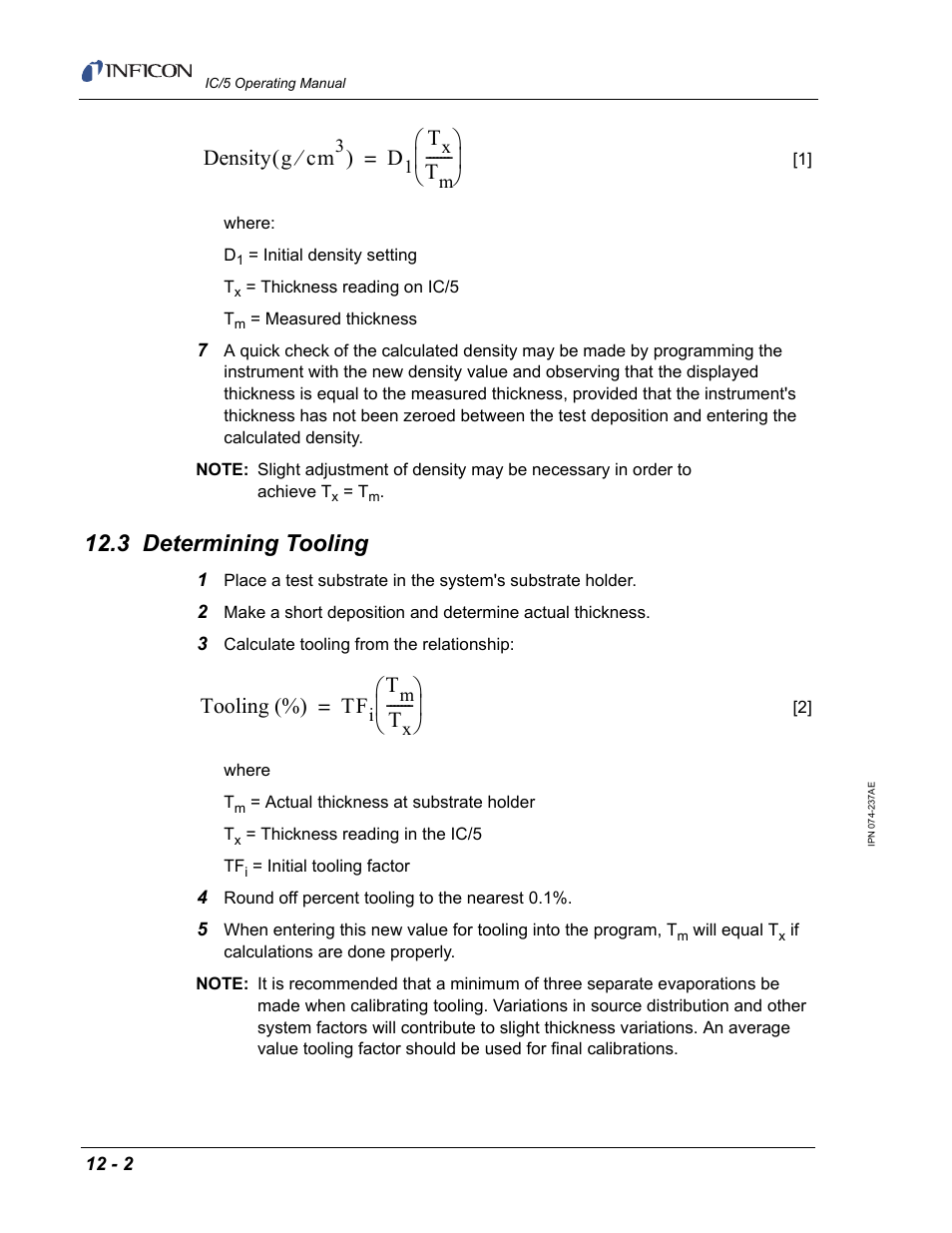 3 determining tooling, Density g cm, Tooling (%) tf | INFICON IC/5 Thin Film Deposition Controller User Manual | Page 248 / 312