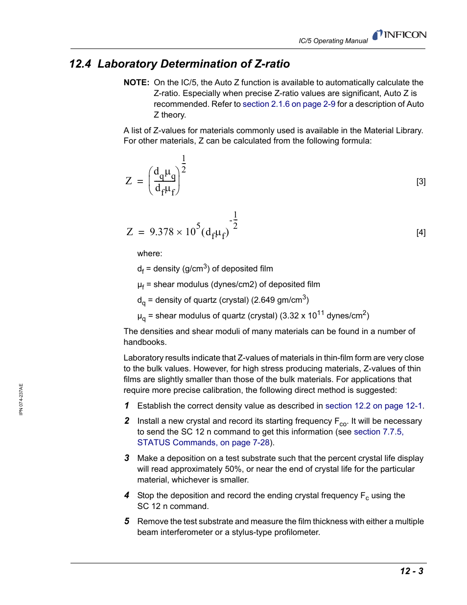 4 laboratory determination of zratio, 4 laboratory determination of z-ratio | INFICON IC/5 Thin Film Deposition Controller User Manual | Page 249 / 312