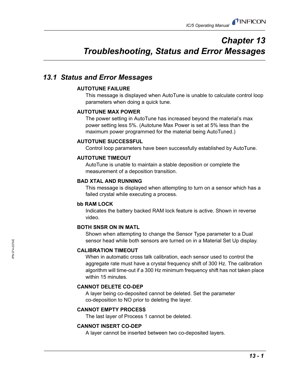 1 status and error messages, Chapter 13, Displayed, see | INFICON IC/5 Thin Film Deposition Controller User Manual | Page 265 / 312