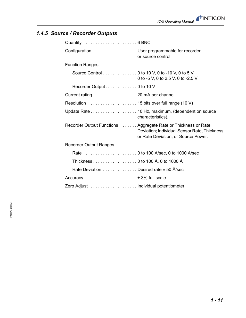 5 source / recorder outputs | INFICON IC/5 Thin Film Deposition Controller User Manual | Page 27 / 312