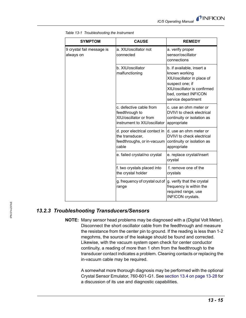 3 troubleshooting transducers/sensors | INFICON IC/5 Thin Film Deposition Controller User Manual | Page 279 / 312