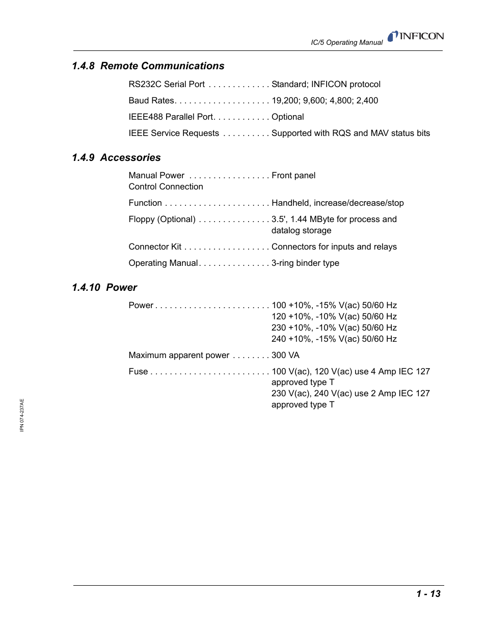 8 remote communications, 9 accessories, 10 power | INFICON IC/5 Thin Film Deposition Controller User Manual | Page 29 / 312