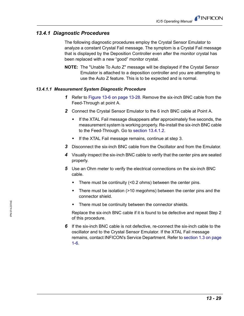 1 diagnostic procedures, 1 measurement system diagnostic procedure | INFICON IC/5 Thin Film Deposition Controller User Manual | Page 293 / 312