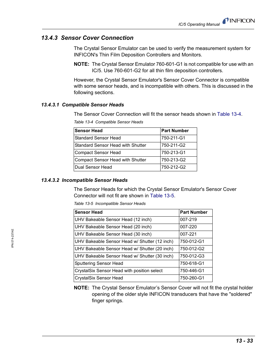 3 sensor cover connection, 1 compatible sensor heads, 2 incompatible sensor heads | INFICON IC/5 Thin Film Deposition Controller User Manual | Page 297 / 312