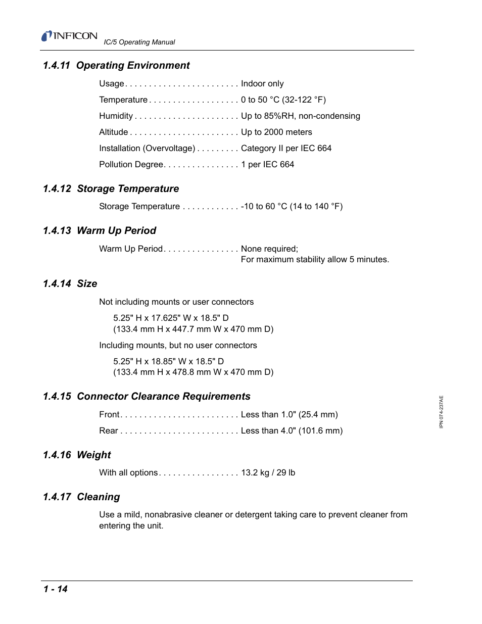 11 operating environment, 12 storage temperature, 13 warm up period | 14 size, 15 connector clearance requirements, 16 weight, 17 cleaning | INFICON IC/5 Thin Film Deposition Controller User Manual | Page 30 / 312